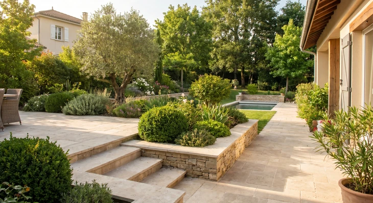 Jardin paysager en terrasses avec massifs colorés de vivaces, arbustes ornementaux et conifères