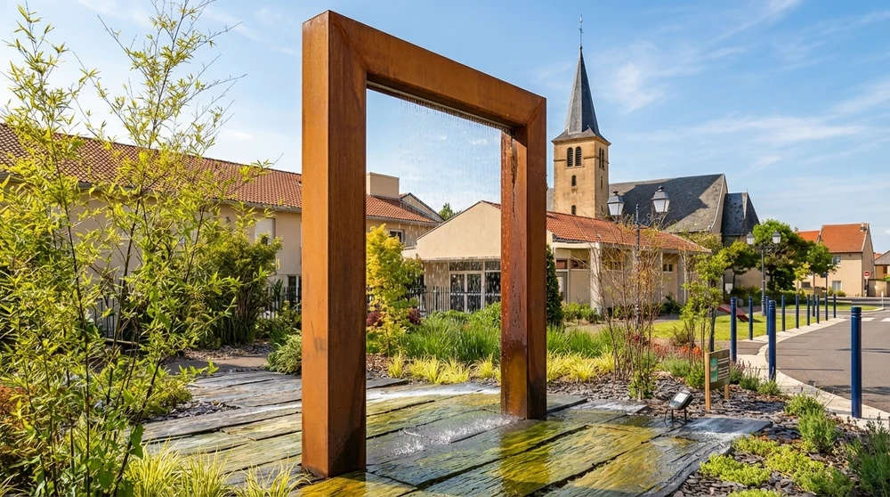 Fontaine moderne en acier corten formant un cadre rectangulaire avec rideau d'eau intégré, installée dans un espace paysager urbain