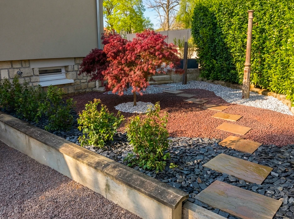 Jardin résidentiel aménagé avec muret en pierre calcaire