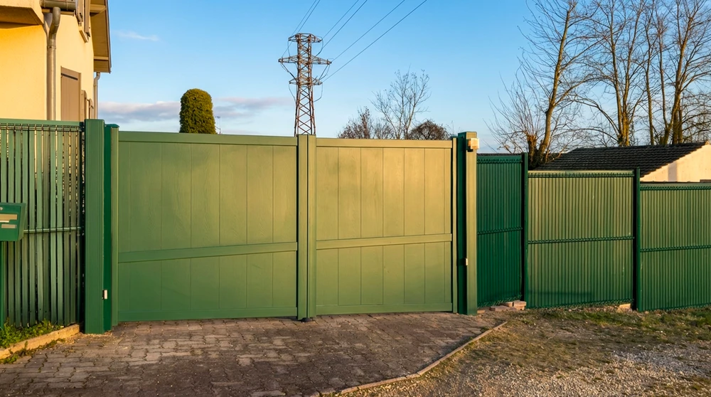 Portail double battant en aluminium laqué vert foncé (RAL 6005), style plein sans claire-voie, monté sur poteaux carrés