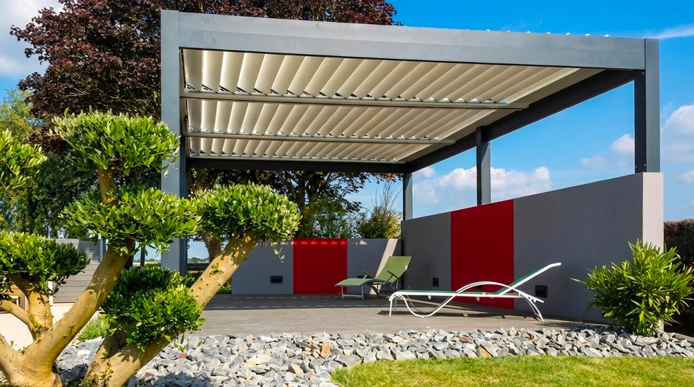 Espace extérieur contemporain avec pergola bioclimatique à lames orientables noires abritant un salon de jardin en résine tressée