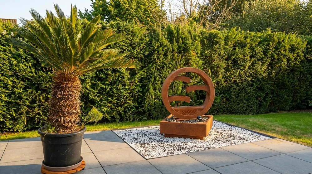 Jardin résidentiel extérieur, terrasse dallée en grès cérame gris anthracite