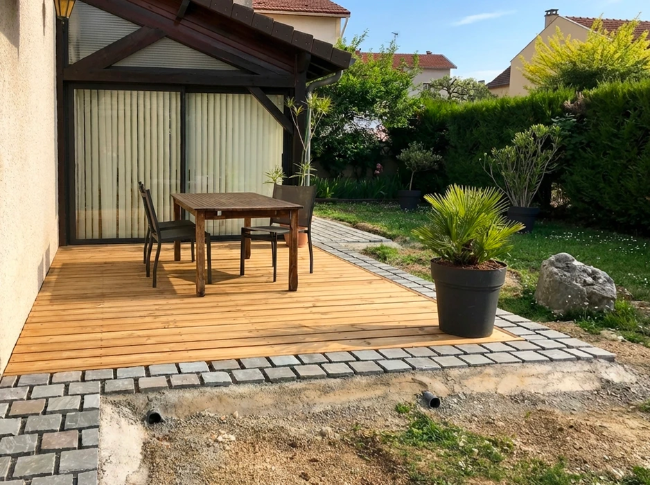 Terrasse en bois extérieure avec salon de jardin (table et chaises en métal/bois)