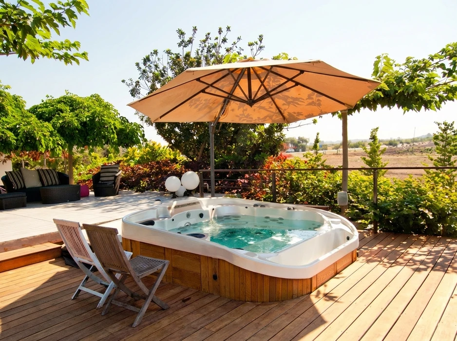 Terrasse en bois composite avec jacuzzi encastré modèle carré arrondi, coque acrylique blanche, habillage bois, jets hydrométalliques actifs