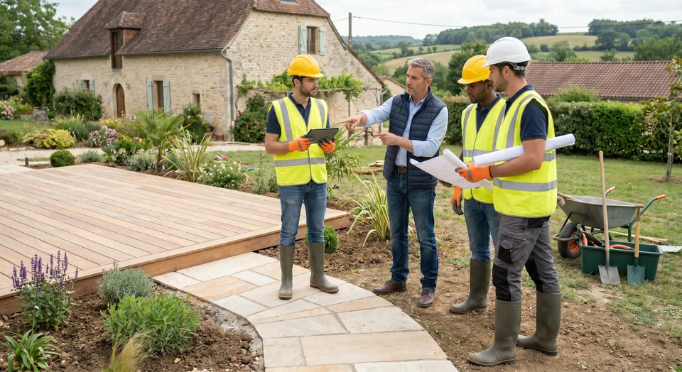 Photographie d'une équipe de paysagistes professionnels sur un chantier d'aménagement extérieur. Les collaborateurs portent des tenues de travail appropriées et sont visibles en train de discuter avec un client devant une terrasse en cours de création ou d'un projet de jardin. L'ambiance doit refléter la rigueur, la disponibilité et l'écoute du client. Les personnages doivent avoir l'air professionnel et engagés dans leur travail, dans un cadre résidentiel authentique.