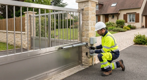 Un technicien paysagiste en tenue professionnelle, vu de face ou trois quarts, en train d'installer ou de régler les éléments de motorisation (moteur, bras hydraulique, capteurs) d'un portail métallique ou ajouré de clôture résidentielle, installé sur les montants d'entrée d'une propriété. Le portail doit être clairement visible en arrière-plan ou en premier plan, montrant une application résidentielle typique avec clôture périphérique. La scène doit être en extérieur, en lumière naturelle, transmettant le professionnalisme et l'expertise technique.