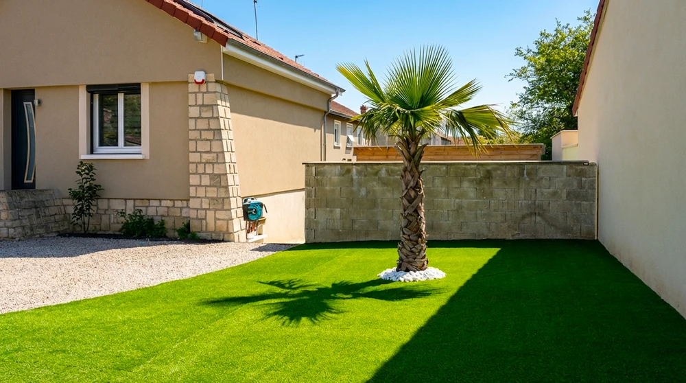 Jardin résidentiel avec pelouse en gazon synthétique vert vif, palmier Trachycarpus fortunei sur lit de gravier blanc