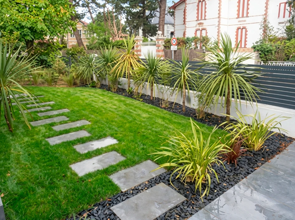 Jardin contemporain aménagé avec pelouse tondue, allée de pas japonais en dalles béton gris