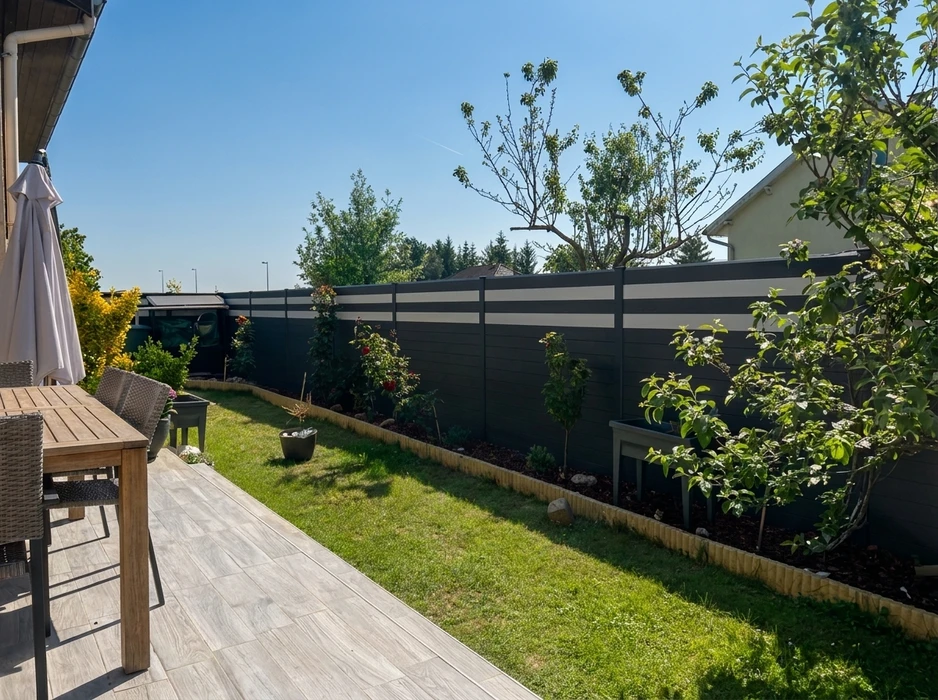 Jardin privatif avec pelouse synthétique verte posée sur toute la surface
