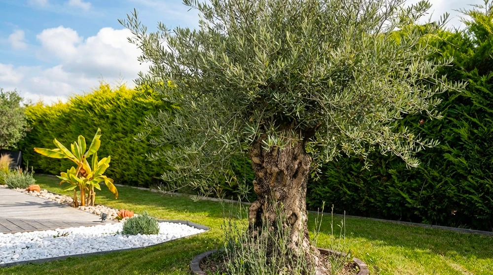Jardin paysager extérieur avec massif décoratif en galets blancs polis