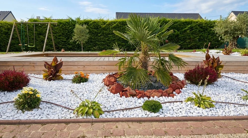 Jardin paysager extérieur avec massif décoratif en galets blancs polis