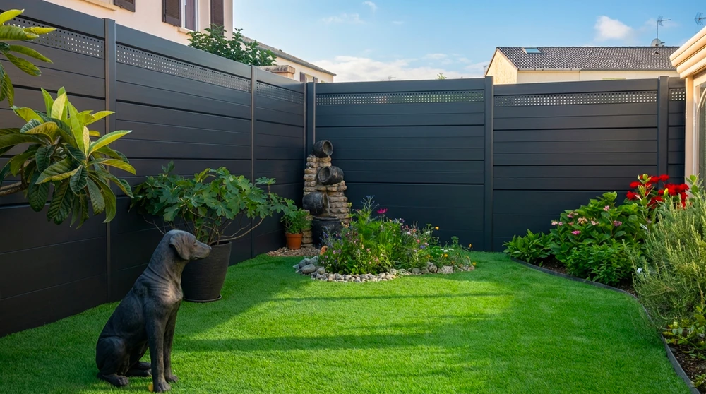Jardin résidentiel aménagé avec une allée en gravillon beige bordée d'une bordure en acier Corten