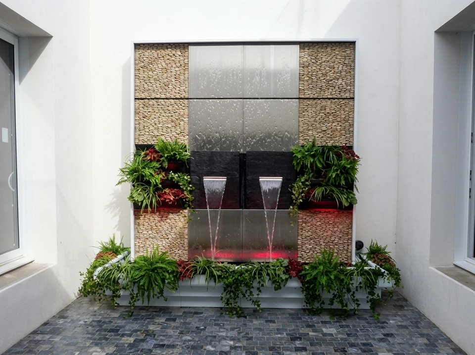 Espace extérieur résidentiel avec piscine et mobilier de jardin
