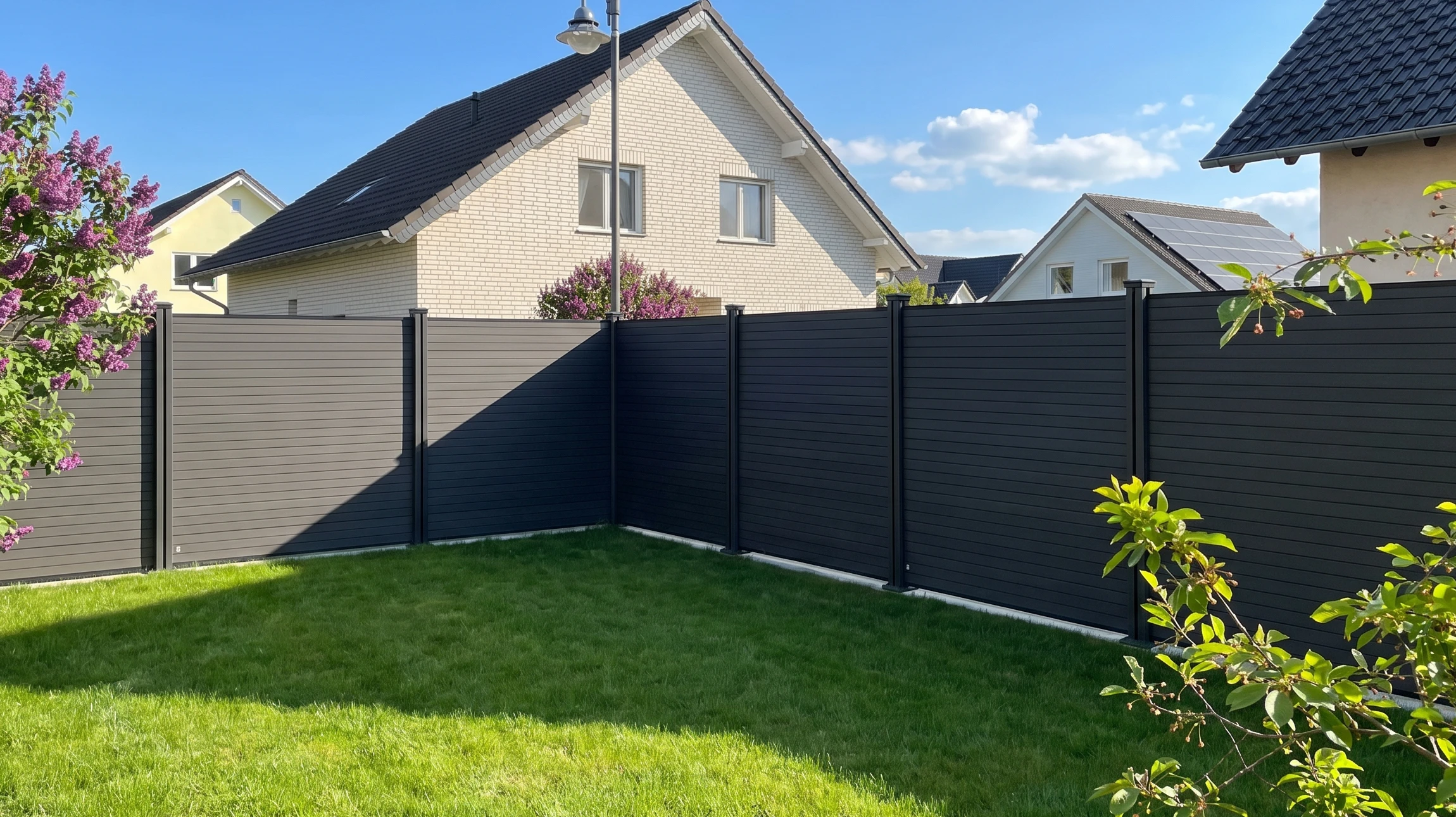 Extérieur résidentiel avec clôture blanche en PVC ou composite à lames verticales, poteau d'angle et section droite