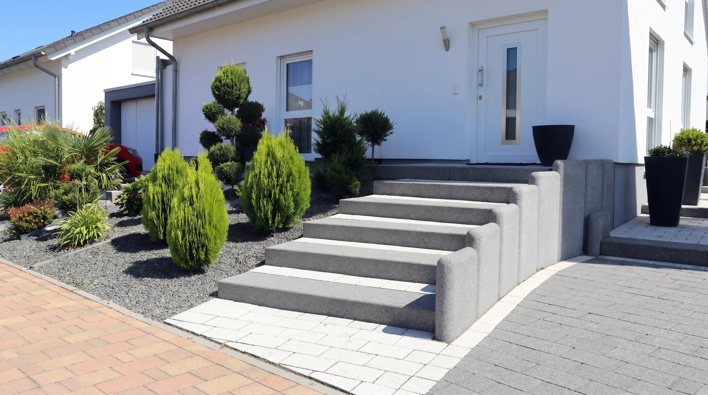 Jardin paysager avec allée en pavés de terre cuite disposés en motif chevrons, bordée de margelles en pierre