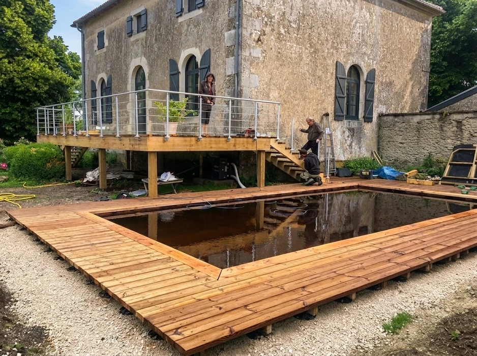 Terrasse en bois composite sur gravier, intégrant une piscine à couverture coulissante motorisée partiellement ouverte