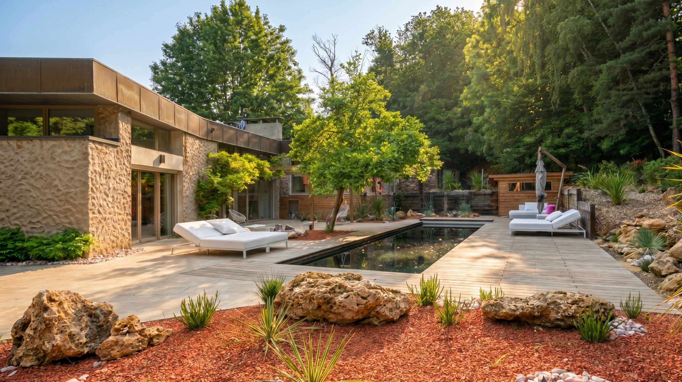 Terrasse extérieure moderne avec mobilier en teck, deck en bois composite, plantes ornementales en pots