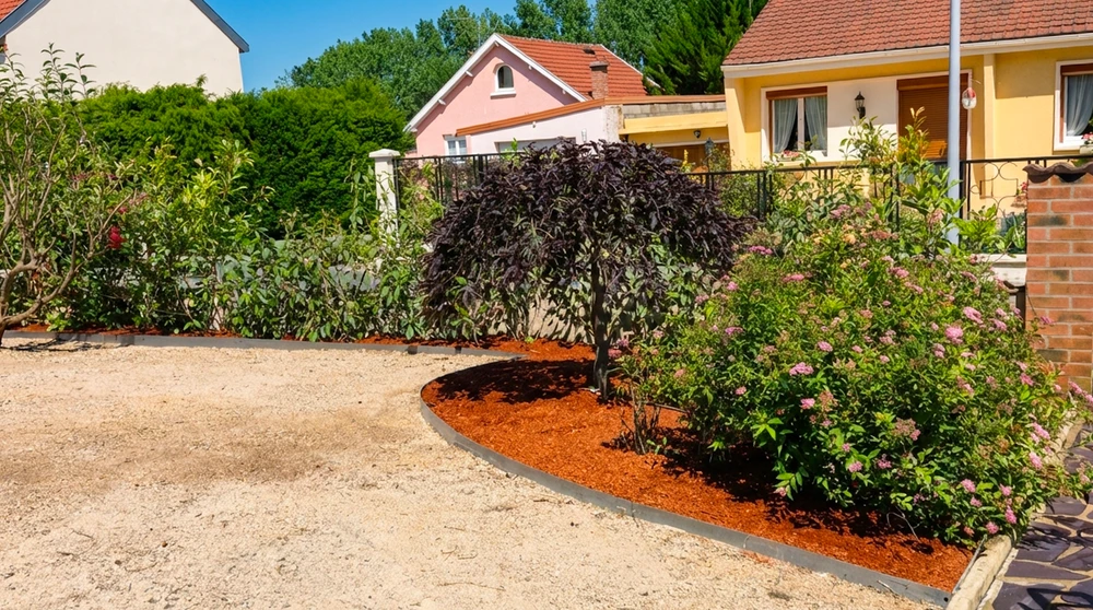 Allée privative avec dallage en pierre naturelle multicolore (grès polygonal) au premier plan, prolongée par une zone en gravier stabilisé
