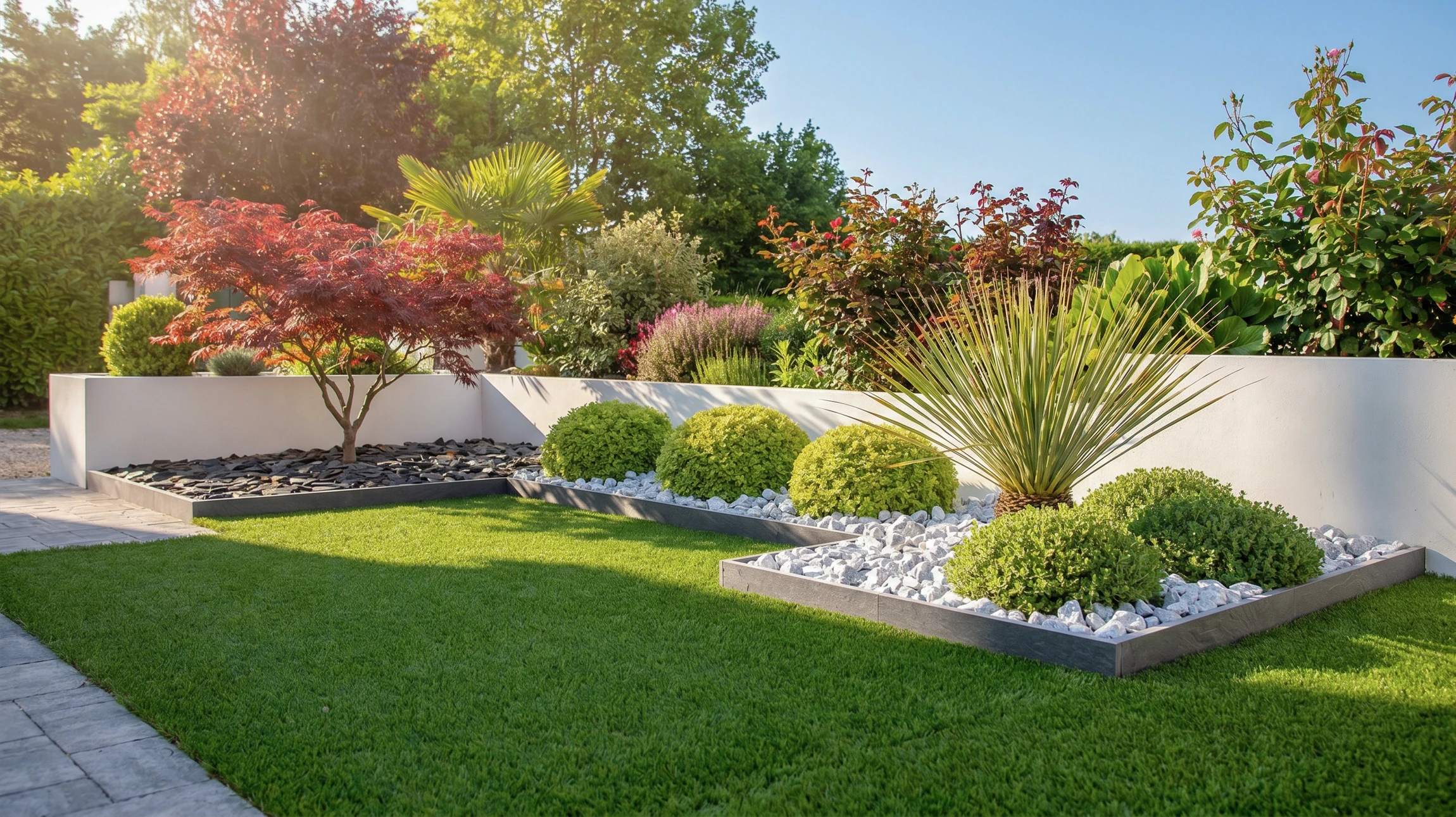 Jardin paysager avec pelouse impeccable, massifs de vivaces et arbustes ornementaux, allée en pavés courbes, escalier en pierre naturelle et murs de soutènement en brique et pierre